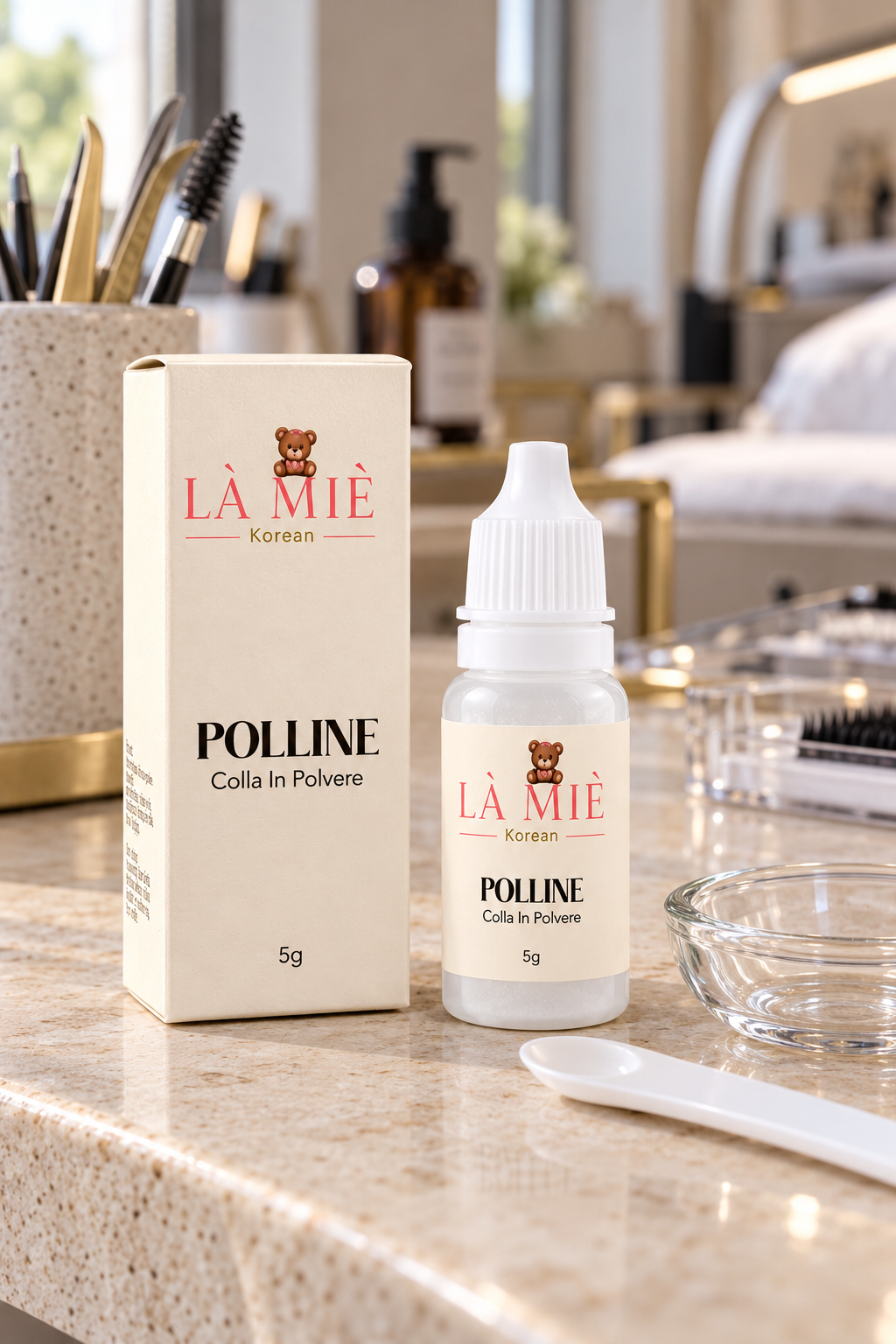 POLLINE colla in polvere LÀ MIÈ Korean su una postazione professionale in studio