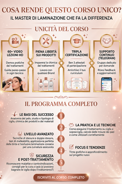Professione Lamimaker: Trasforma il tuo futuro con il Master 3-in-1 in Laminazione Ciglia, Sopracciglia e Tecnica Coreana