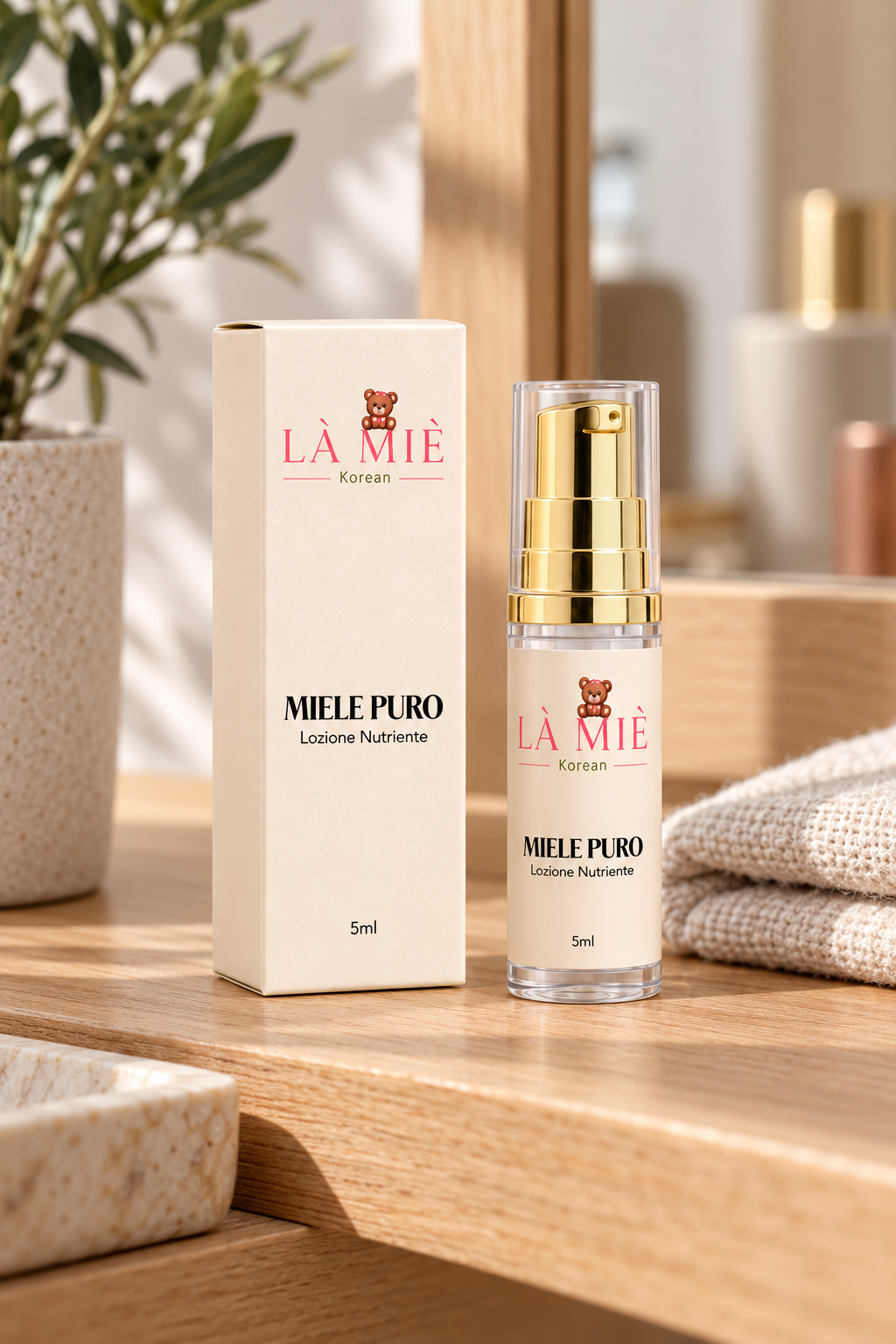 MIELE PURO Lozione nutriente LÀ MIÈ – ambientazione su piano in legno