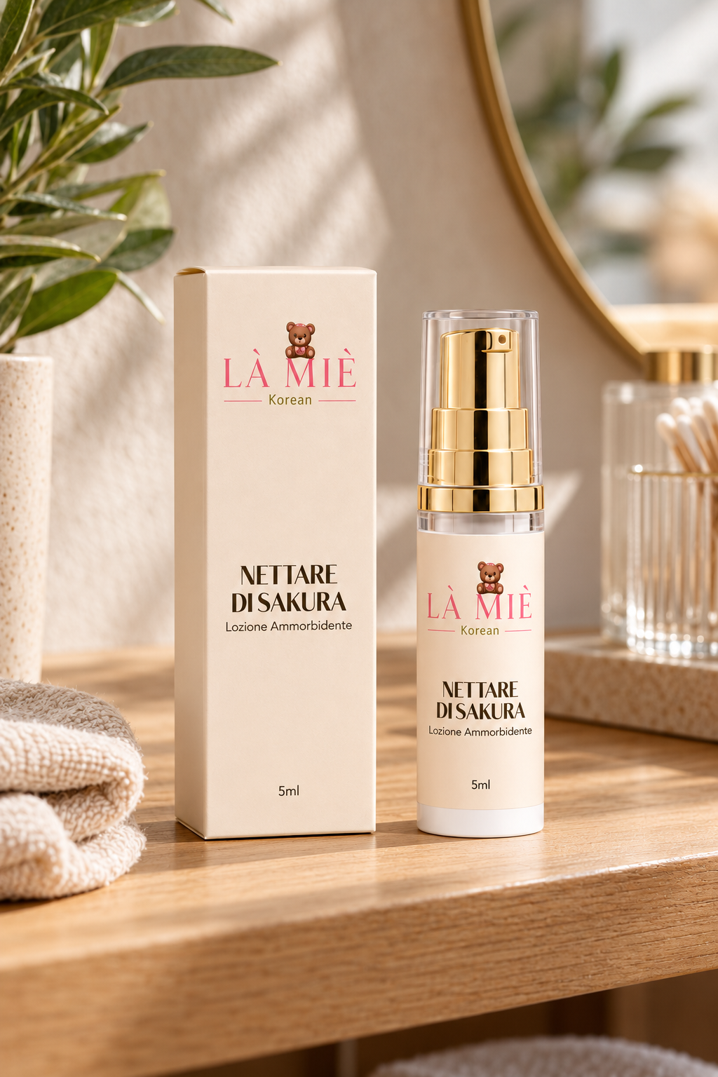 NETTARE DI SAKURA Lozione ammorbidente LÀ MIÈ – ambientazione su piano in legno