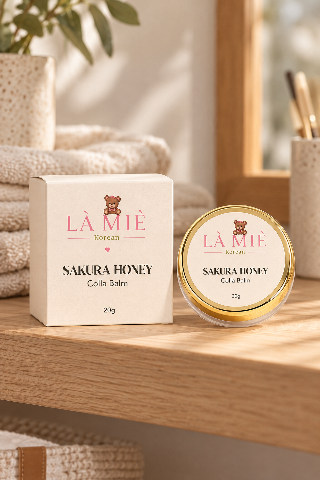 SAKURA HONEY Colla balm LÀ MIÈ – ambientazione su piano in legno